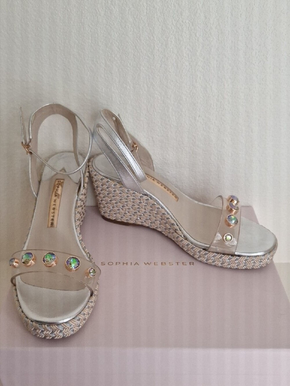 Sophia Webster Silver Wedge Sandals with Iridescent Gem Details